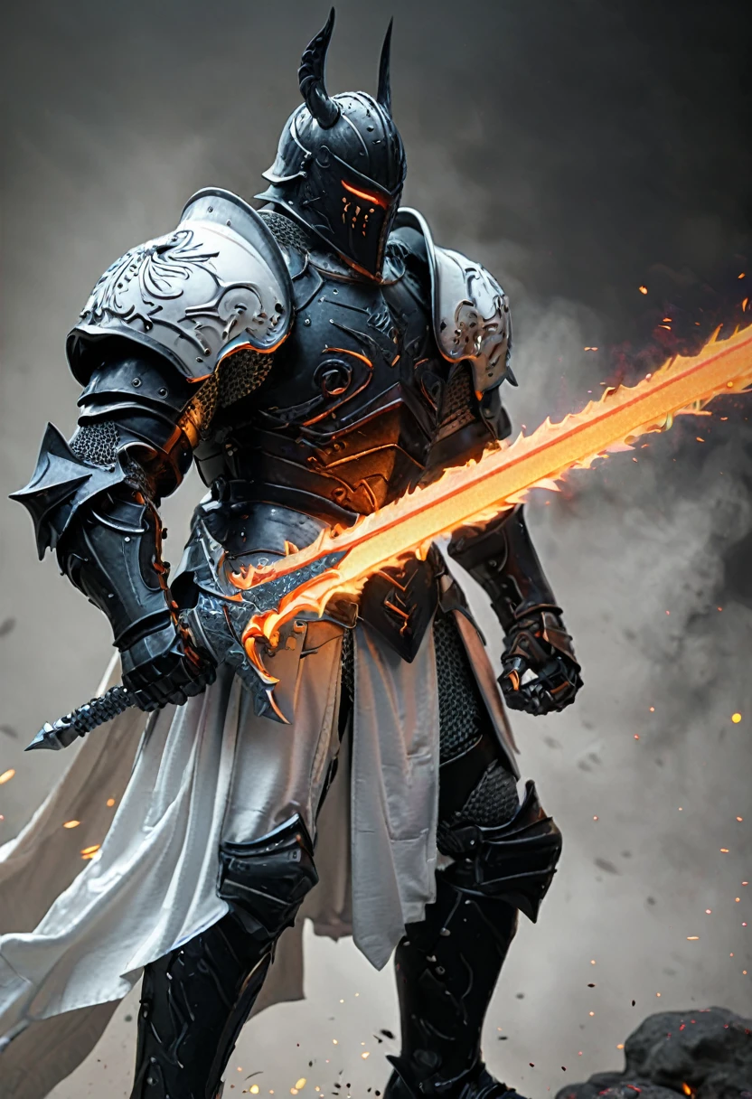 caballero berserker con armadura de batalla semi futurista, dynamic action pose, Desenfoque de movimiento, hkestilo, la armadura es de color ????? y blanco, muy detallada, los ojos son de fuego ????? y blanco,  alrededor de la armadura emana un fuego espectral de color ????? y blanco, Over his armor he wears a long tunic 
