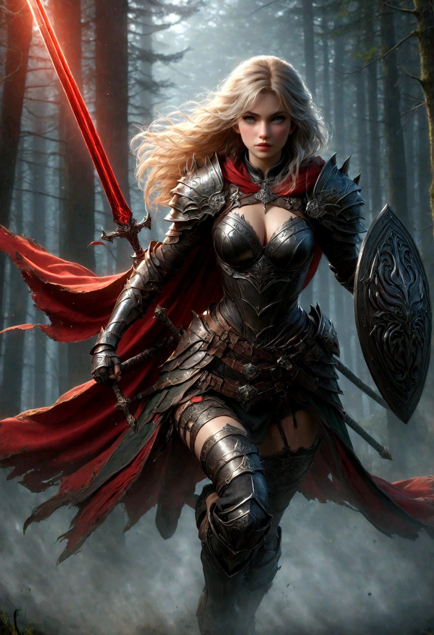fantasy art, RPG art, Dark fantasy art, ultra wide shot, RAW, photorealistic, a picture of female human ranger and her wolf pet, the ranger, an exquisite beautiful human woman, long blond hair, braided hair, green eyes, wearing leather armor, wearing (red cloak: 1.1), armed with a (sword: 1.3), wearing laced boots, standing in a dark forest at night, (mist rising from the grounds: 1.3), a sense of dread and fear, yet she stands defiant and fearless, her wolf pet stands near her, protecting her, dark fantasy forest background, best quality, 16k, [ultra detailed], masterpiece, best quality, (ultra detailed), full body, ultra wide shot, photorealism, Sword and shield