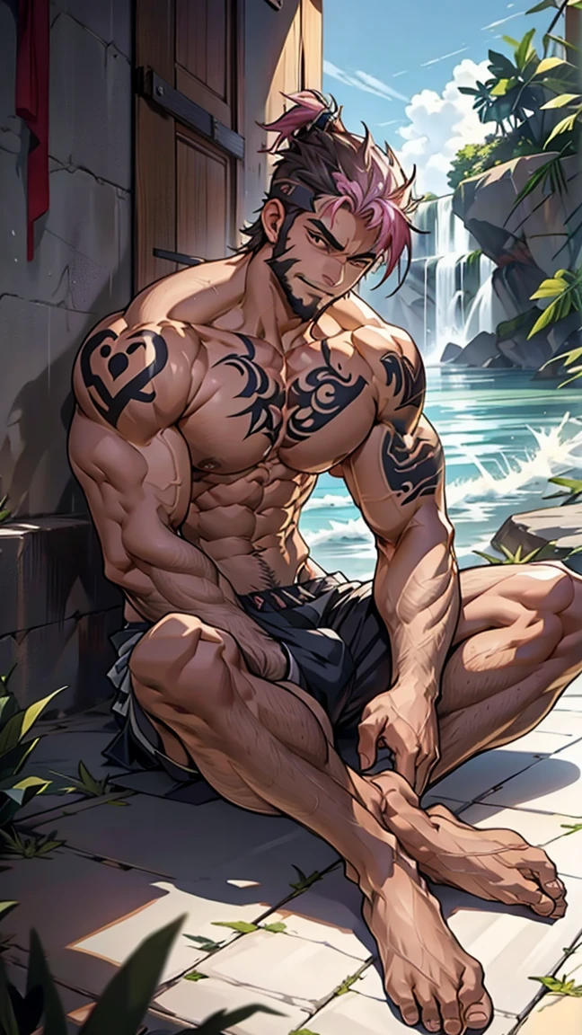 Tattoo,barefoot,,(Sit on the ground), (A corner of the photo from bottom to top) (Highest quality images) Lion Man ,real, young, ( Wearing shorts), Crotch protrusion, Anime Character, Legs open, Male Face, bonito rosto young, Undercut Hair, Huge chest muscles, Thigh muscular, Biceps tendon, Huge body, Toned body due to intense training, muscular, 8-pack clear ABS, 3 meters high, Topless, , Glowing skin, Dihan.com, Put your hands on exist's thighs, barefoot, No beard,best quality, masterpiece, expressiexistless, Ultra-high resolution, Detailed background, man, Solitary, texisted male, short hair, Sukuna a man with pink hair and shirtless, Tattoo_both sides, Tattoo_exist_his_Face, Face to viewer,