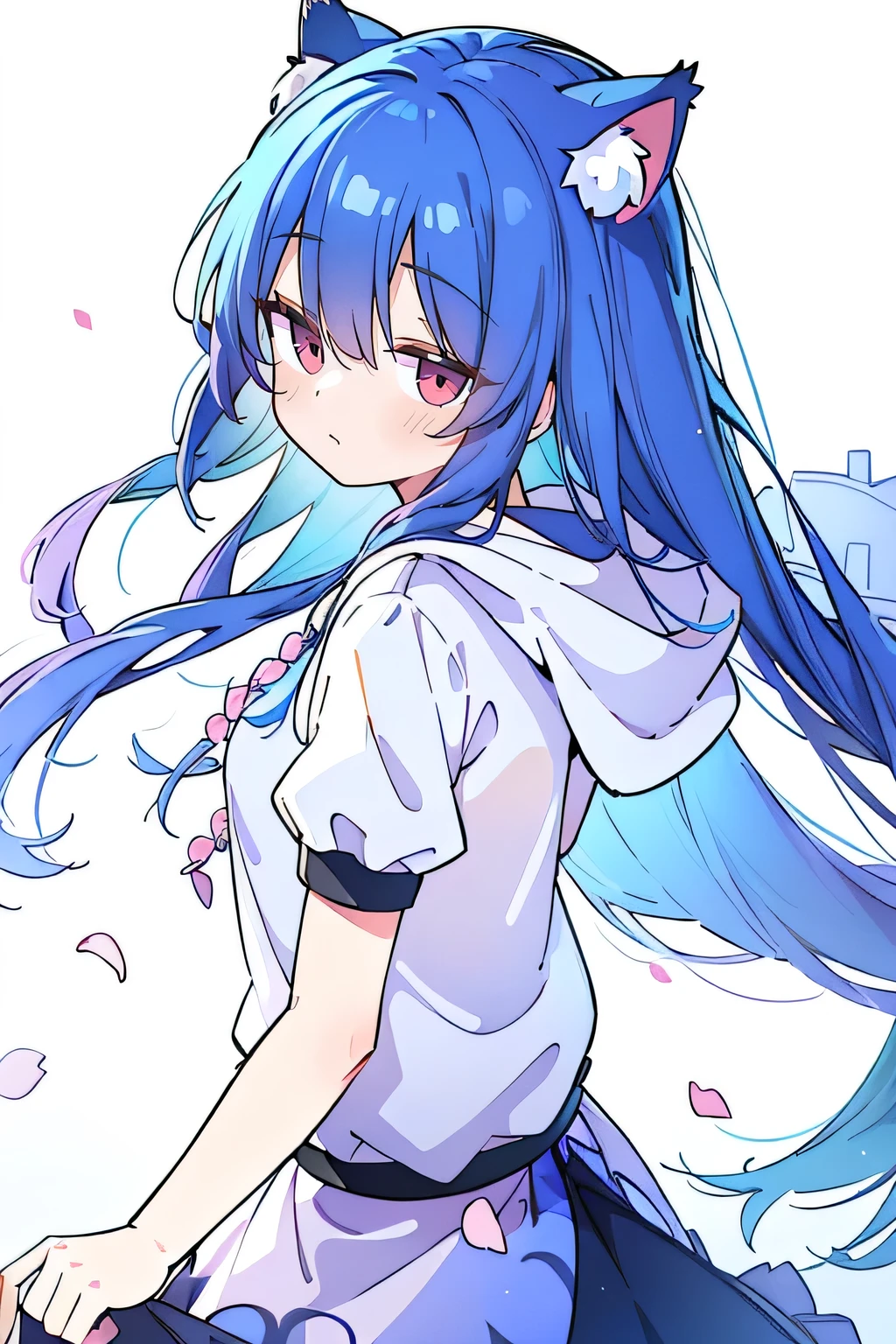 a beautiful detailed girl with expressive eyes, fair skin, and a perfect face shape, 1 girl, with gorgeous flowing blue hair, cat ears, and flowing clothes, petals falling around her, with a gentle and peaceful background showing a cool and comfortable pavilion, with a snowy winter scene and a beach in the background, the girl is smiling, wearing a hoodie, and looking back over her shoulder with a gentle smile, (best quality,4k,8k,highres,masterpiece:1.2),ultra-detailed,(realistic,photorealistic,photo-realistic:1.37),anime,digital art,concept art,cinematic lighting,dramatic lighting,muted colors,soft focus