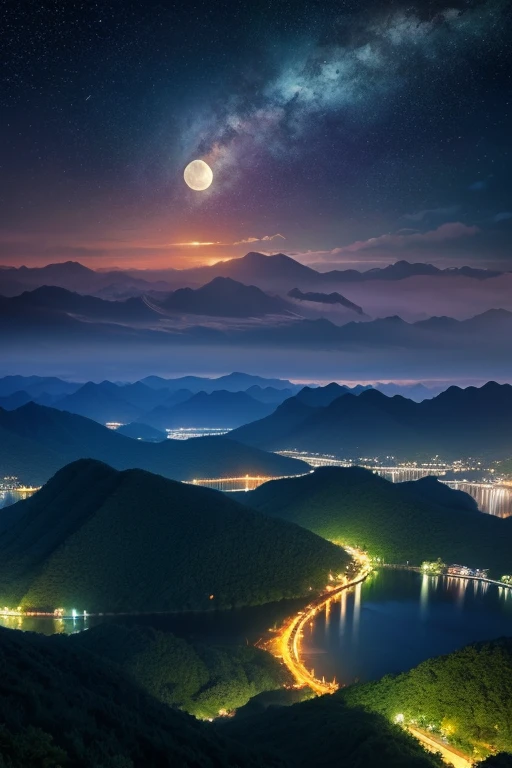 アジアの家のNight view, Vietnam, Vietnam, Hazan, moon, Lake in the foreground, quiet night, Green and Blue, Digital Illustration, Highly detailed digital art in 4K, Night view, anime art wallpaper 4k, anime art wallpaper 4k, 4K Detailed Digital Art, Natural scenery at night, Anime Art Wallpapers 8K, Background artwork, Beautiful Art UHD 4K, 4k HD illustration wallpaper