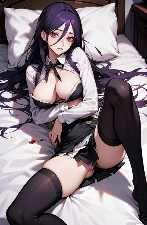Cool women、sexy、Center of chest、Rize from Chainsaw Man、beauty、yandere、Sword in hand、bed、Miniskirt、Black ripped stockings、