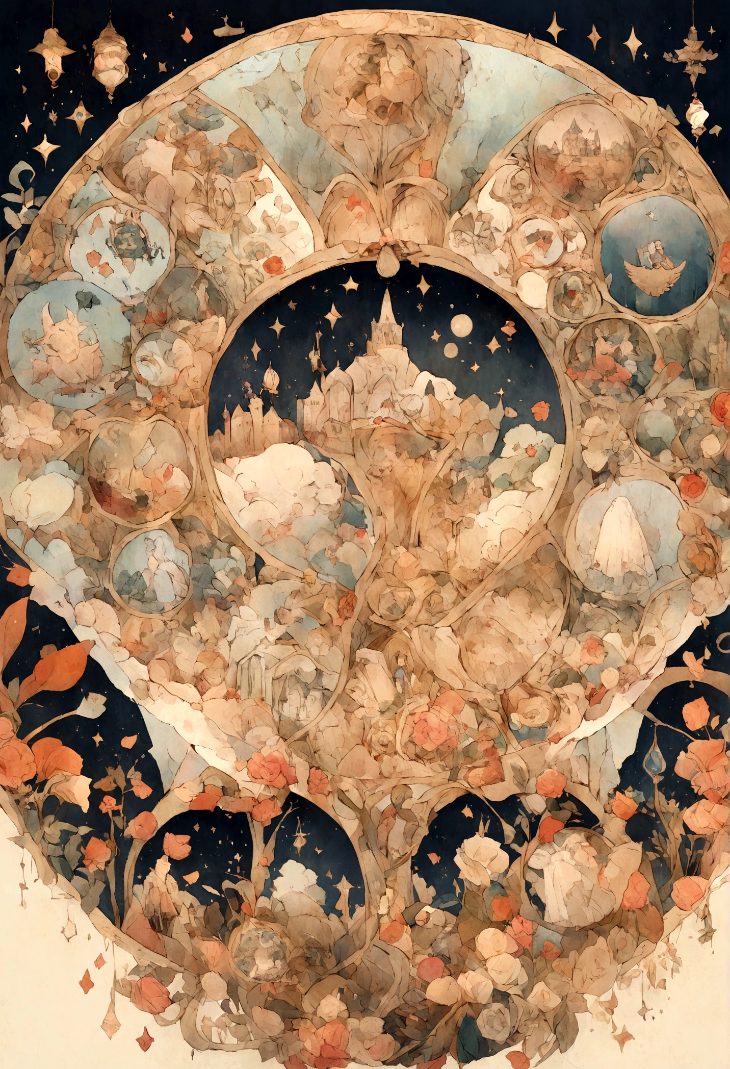 A circular pattern with a rose in the middle,Classical pattern on the edge,Hand drawn icons