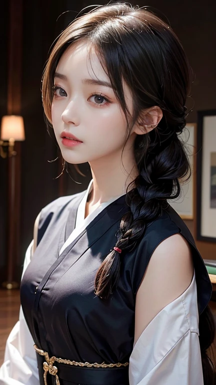 Photo shoot by a professional photographer、Half-body portrait of a Korean woman with braided hair, Beautiful and captivating to everyone&#39;s eyes, Under the eyes, Night Photo, Wear a tank top, Decorate your hair with flowers, UHD, masterpiece, anatomically correct, textured skin, high details, best quality, 8k
