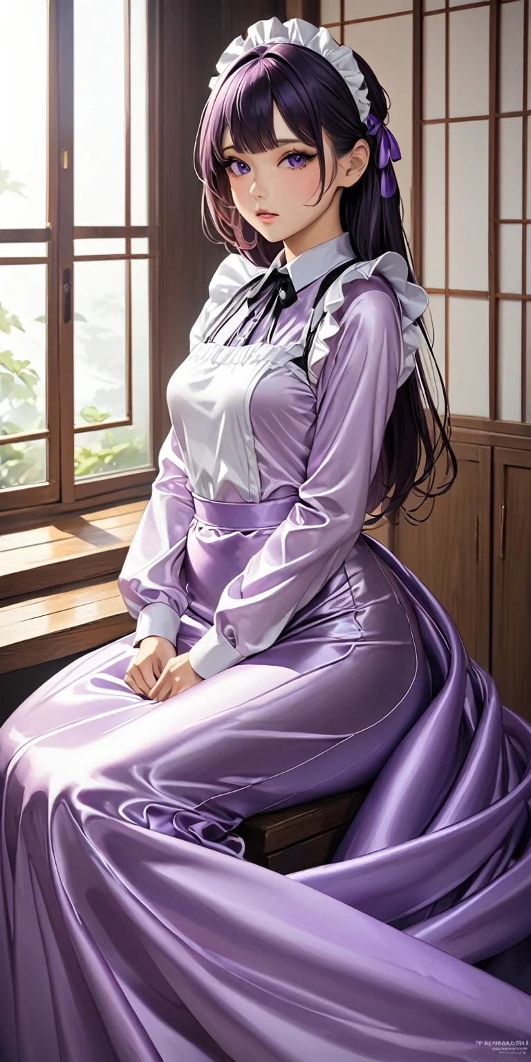 (masterpiece,highest quality,超A high resolution),Japanese women, (((Very beautiful 25 year old girl))), pretty girl、The maid uniform completely covers the whole body....、(Shiny light purple long sleeve maid dress)、The upper body is completely covered by a satin shirt, with no skin visible.、Mermaid-style long skirt、Super glossy satin