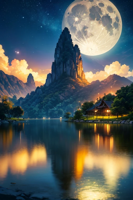 アジアの家のNight view, Vietnam, Vietnam, Hazan, moon, Lake in the foreground, quiet night, Green and Blue, Digital Illustration, Highly detailed digital art in 4K, Night view, anime art wallpaper 4k, anime art wallpaper 4k, 4K Detailed Digital Art, Natural scenery at night, Anime Art Wallpapers 8K, Background artwork, Beautiful Art UHD 4K, 4k HD illustration wallpaper