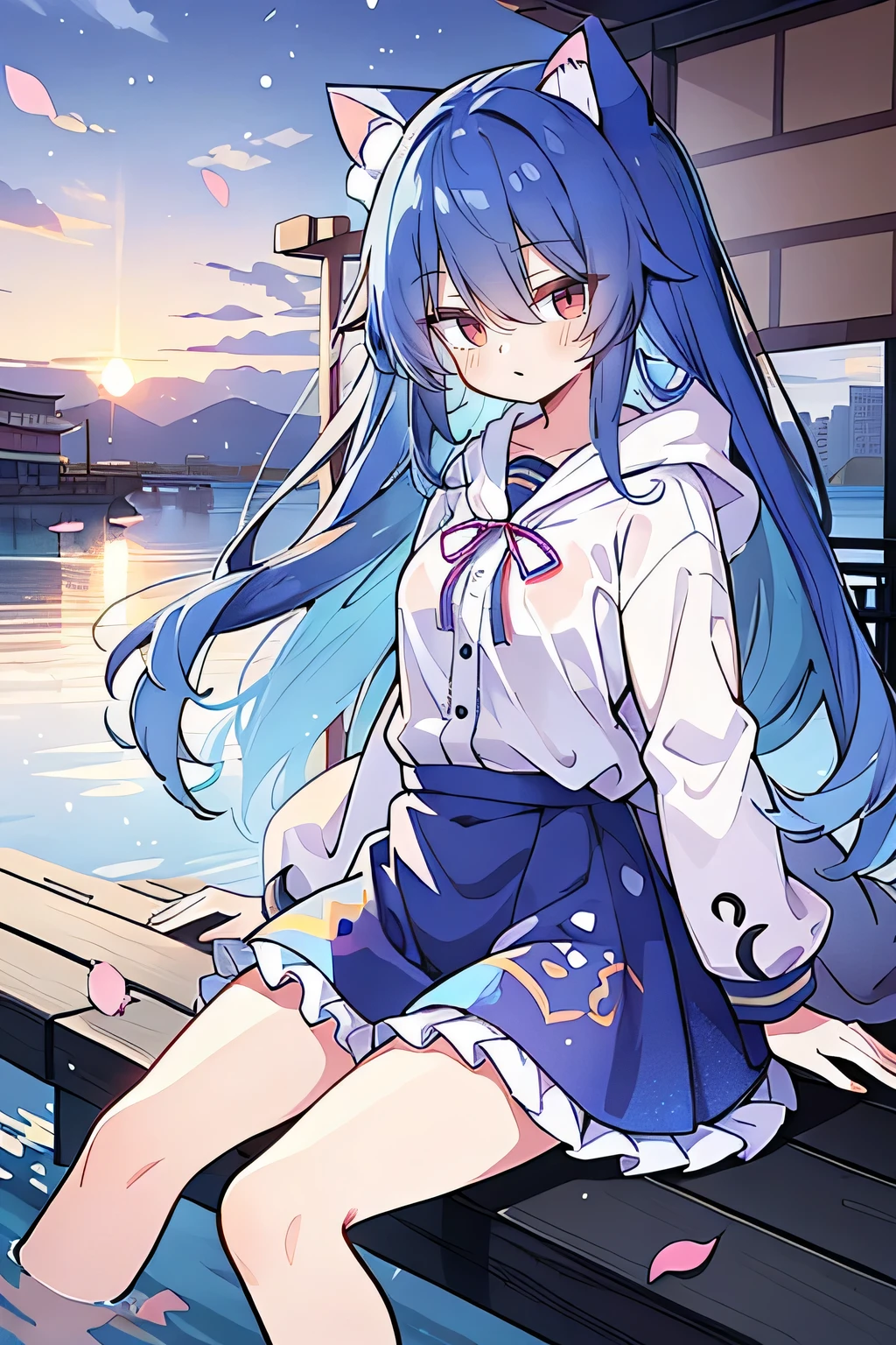 (masterpiece:1.2),Super detailed,lifelike,Expressive eyes,fair skin,perfect face shape,1 girl,
Japanese comics,Gorgeous blue hair,flowing blue hair,flowing clothes,Cat ears,Petals fall,beautiful lola,Baby Angel,sunrise,
Shaking head with one hand,Cross your legs,Gentle and peaceful background,The pavilion is cool and comfortable,smile, wearing hoodie, background of tokyo,back views,snowing, winter,seaside,wet clothes,A smile,A faint smile,。