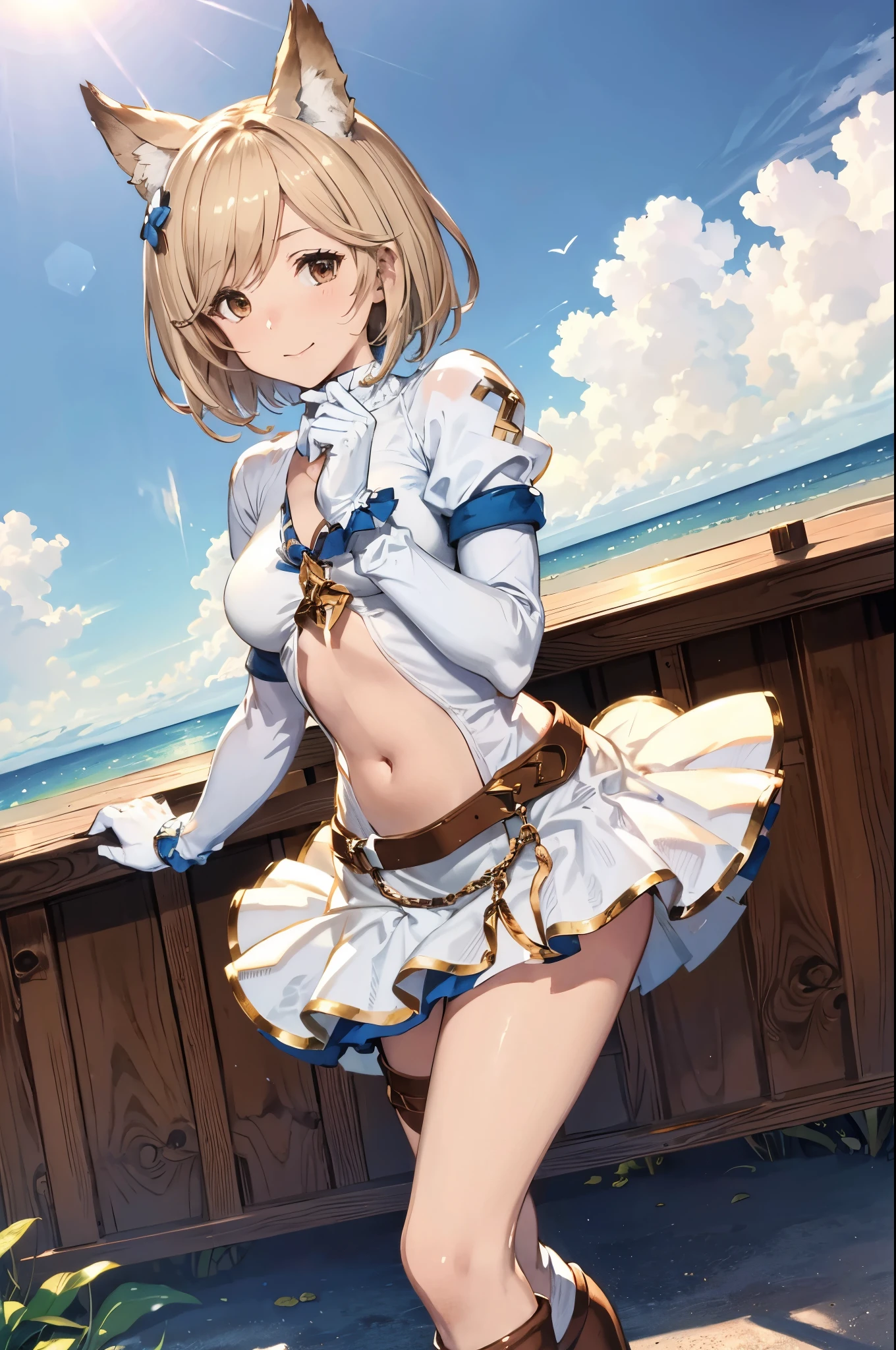 GRANBLUEfantasy,1young_teen_ girl,brown_hair,medium_bob_hair,platina_blond_hair,white_leotard,covered_,,thigh,huge_smile,standing,bluesky_background,slightly_spread_legs,happiness, short_gloves ,solo, r18, navel,relicbuster,shorts,boots,