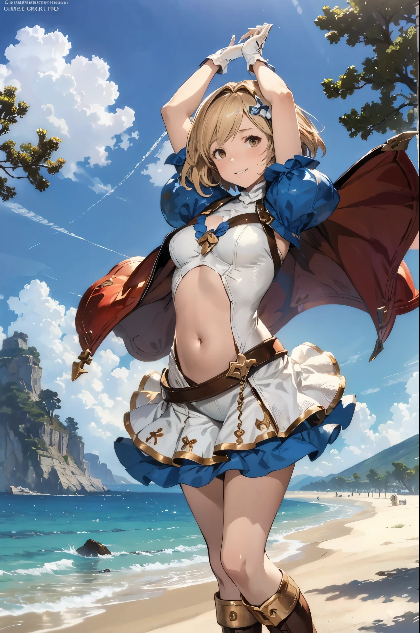 GRANBLUEfantasy,***ung_teen_ girl,brown_hair,medium_bob_hair,platina_blond_hair,white_leotard,covered_,,thigh,huge_smile,standing,bluesky_background,slightly_spread_legs,happiness, short_gloves ,solo, r18, navel,relicbuster,shorts,boots,