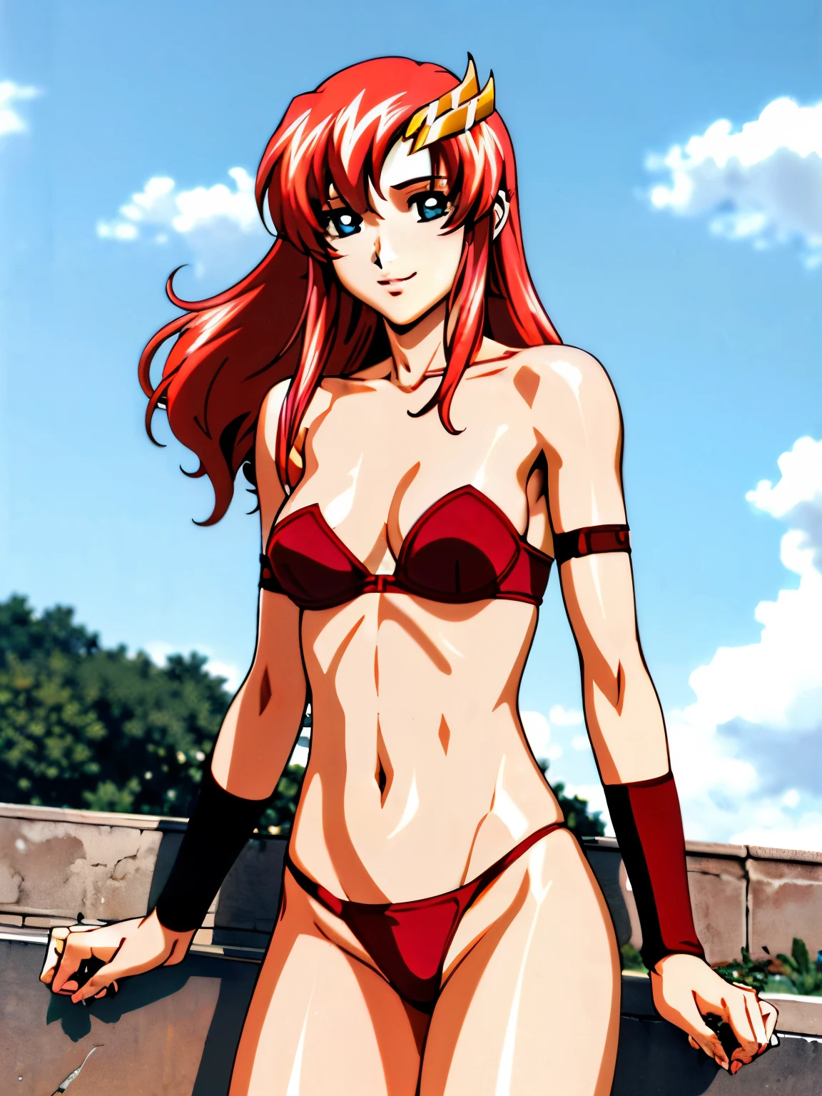 lacus4, (red bikini, running, mini thong, thin girl, masterpiece, cowboy shot, (photo realistic:1.2), very slim shoulders, 4K, Best Quality, Anime style: 1.9, happy, Adult Woman, (ultra detailed head), (Crowd, cloud background), Drawing lines, high resolution, lacus4), 1girl, Solo, curvy figure, clavicle, scapular, (Detailed wide hair bangs, Hair Ornament, Detailed reddish-pink hair, shiny streaks, slim arms, detailed golden crest, blue eyes), cleavage, large hands, (hair cover shoulders). (Big blue eyes, shiny eyes), ((female wrestler, (slim body), slim arms, SITTING on wall, thighs)), ((perfect proportions, medium-small breasts, medium thighs, long belly)), ((totally strapless red bra, strapless, red arm band, red arm band)), smile with a wink, (standing, hot colors), detailed fingers, (bare shoulders)
