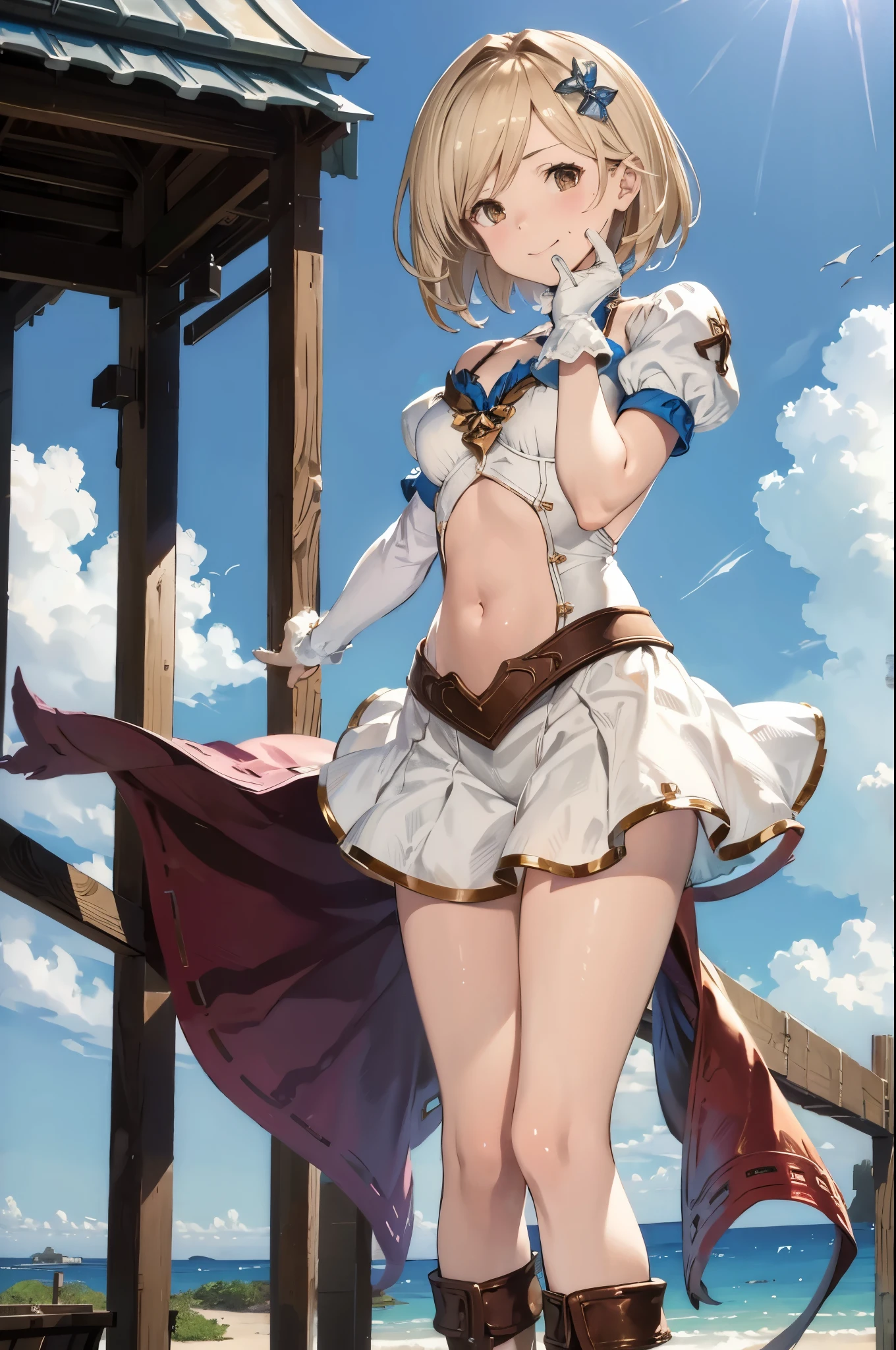 GRANBLUEfantasy,1young_teen_ girl,brown_hair,medium_bob_hair,platina_blond_hair,white_leotard,covered_,,thigh,huge_smile,standing,bluesky_background,slightly_spread_legs,happiness, short_gloves ,solo, r18, navel,relicbuster,short,boots,