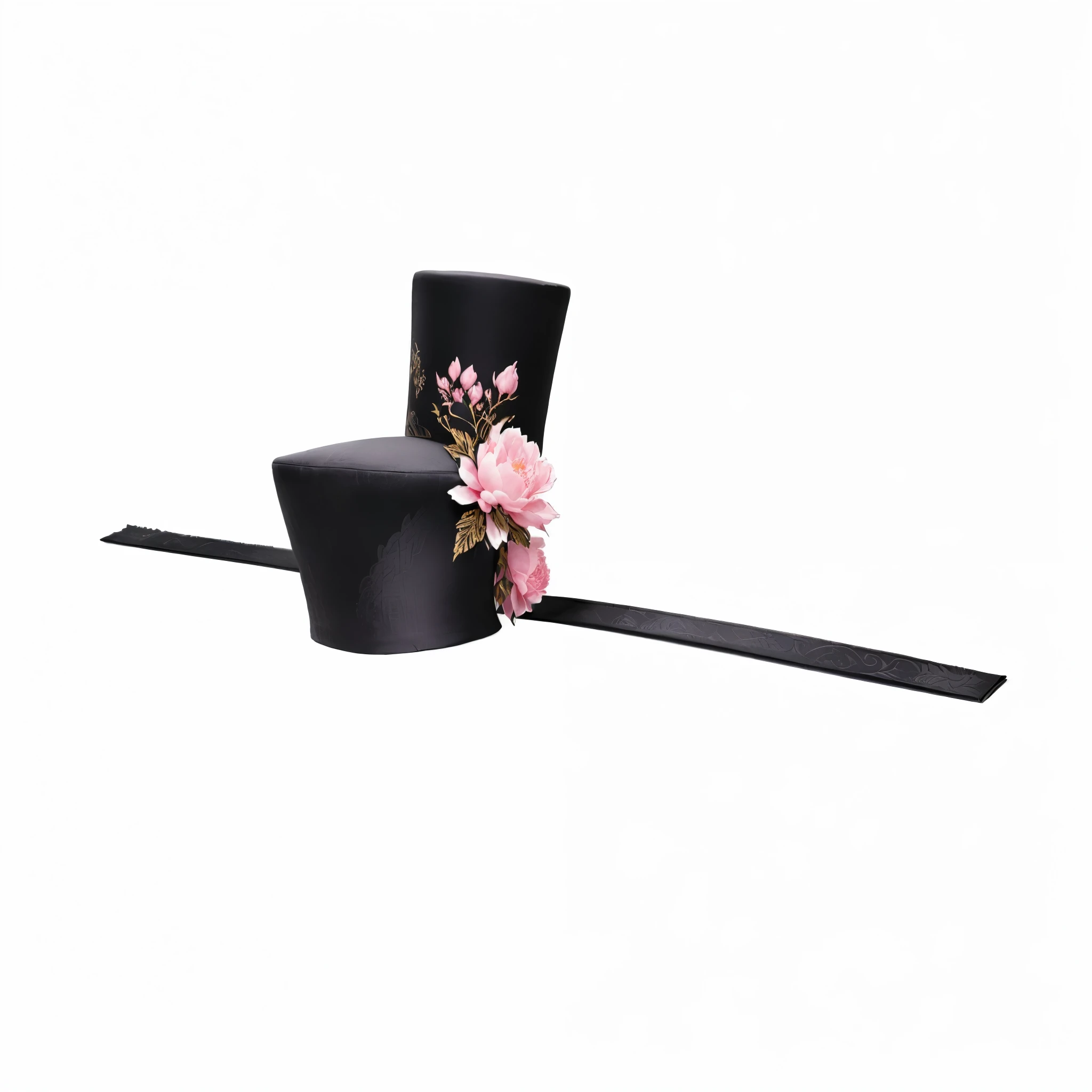 Song Dynasty black gauze hat,Peony flower decoration,Pink and elegant,Fine brushwork ink painting style,White background,Delicate lines,Soft light and shadow,Tranquil atmosphere,classic beauty,Pink flowers,Pink purple flowers