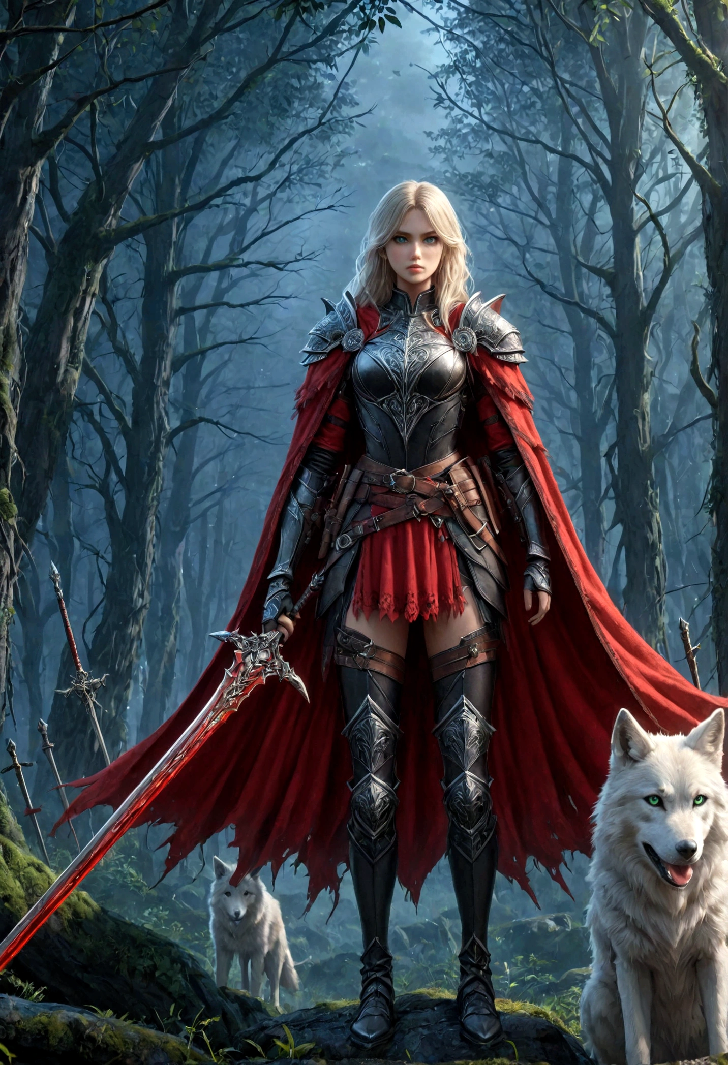 fantasy art, RPG art, Dark fantasy art, ultra wide shot, RAW, photorealistic, a picture of female human ranger and her wolf pet, the ranger, an exquisite beautiful human woman, long blond hair, braided hair, green eyes, wearing leather armor, wearing (red cloak: 1.1), armed with a (sword: 1.3), wearing laced boots, standing in a dark forest at night, (mist rising from the grounds: 1.3), a sense of dread and fear, yet she stands defiant and fearless, her wolf pet stands near her, protecting her, dark fantasy forest background, best quality, 16k, [ultra detailed], masterpiece, best quality, (ultra detailed), full body, ultra wide shot, photorealism, Sword and shield