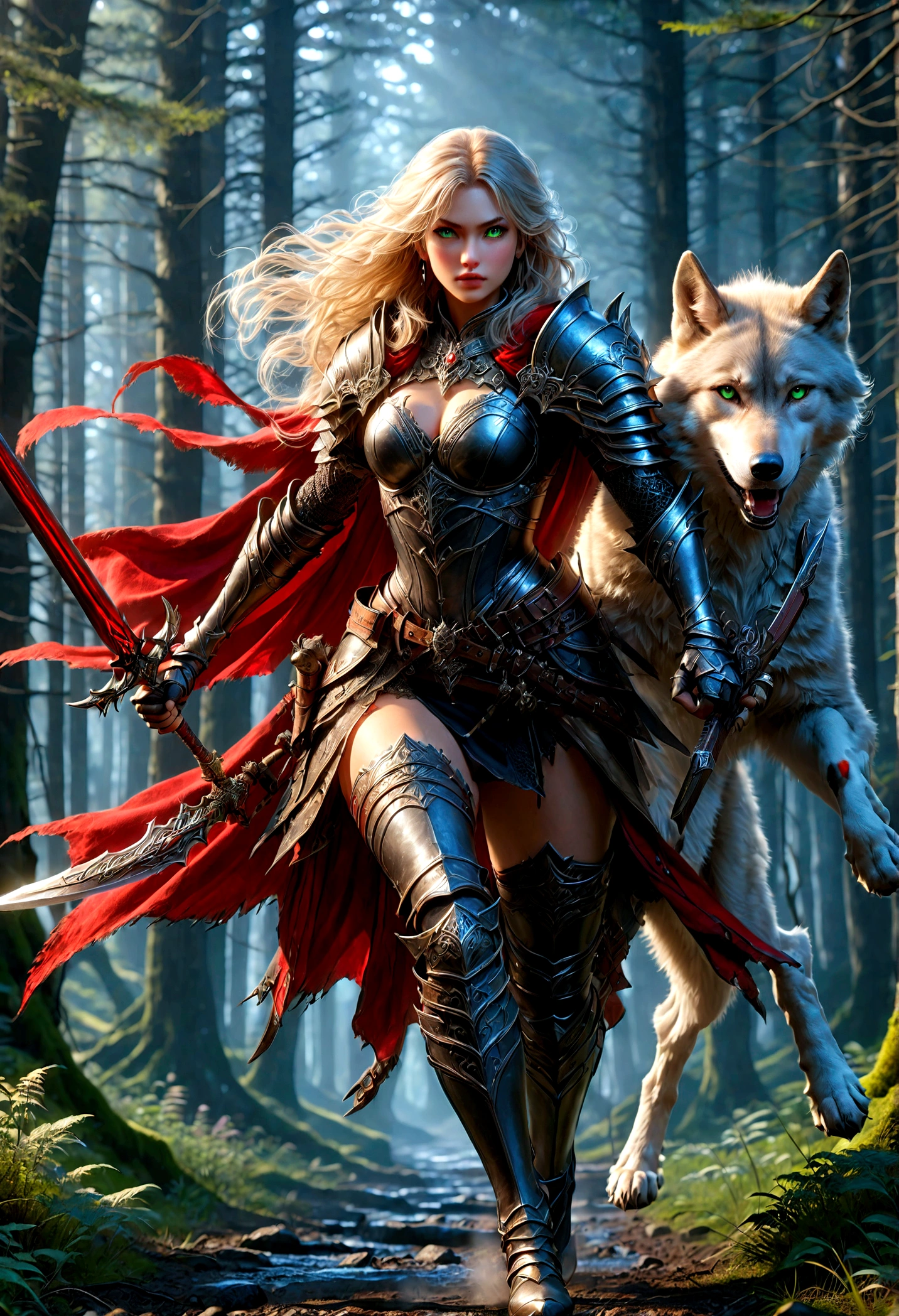 fantasy art, RPG art, Dark fantasy art, ultra wide shot, RAW, photorealistic, a picture of female human ranger and her wolf pet, the ranger, an exquisite beautiful human woman, long blond hair, braided hair, green eyes, wearing leather armor, wearing (red cloak: 1.1), armed with a (sword: 1.3), wearing laced boots, standing in a dark forest at night, (mist rising from the grounds: 1.3), a sense of dread and fear, yet she stands defiant and fearless, her wolf pet stands near her, protecting her, dark fantasy forest background, best quality, 16k, [ultra detailed], masterpiece, best quality, (ultra detailed), full body, ultra wide shot, photorealism, Sword and shield
