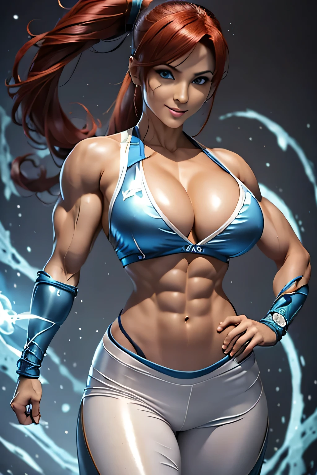 Aqua Blue Eyes:1.6,Arabian woman wearing a lab coat taking a photo, Red Hair、Slender legs、Chun-Li in a lab coat, lara croft, Muscular girl, Photorealistic perfect body, Science fiction, Perfect body with realistic shading,Muscular body, sexy muscular upper body, Ponytail、Biomechanical Boobs、smile