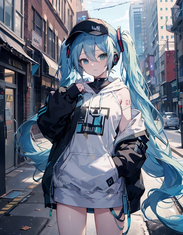 masterpiece,Hatsune Miku,alone,Long Hair,Blue Hair,headphone，hoodie,Off the shoulder:1.2, Mob Cap, street,Hands on hips, Put your hands in your pockets,