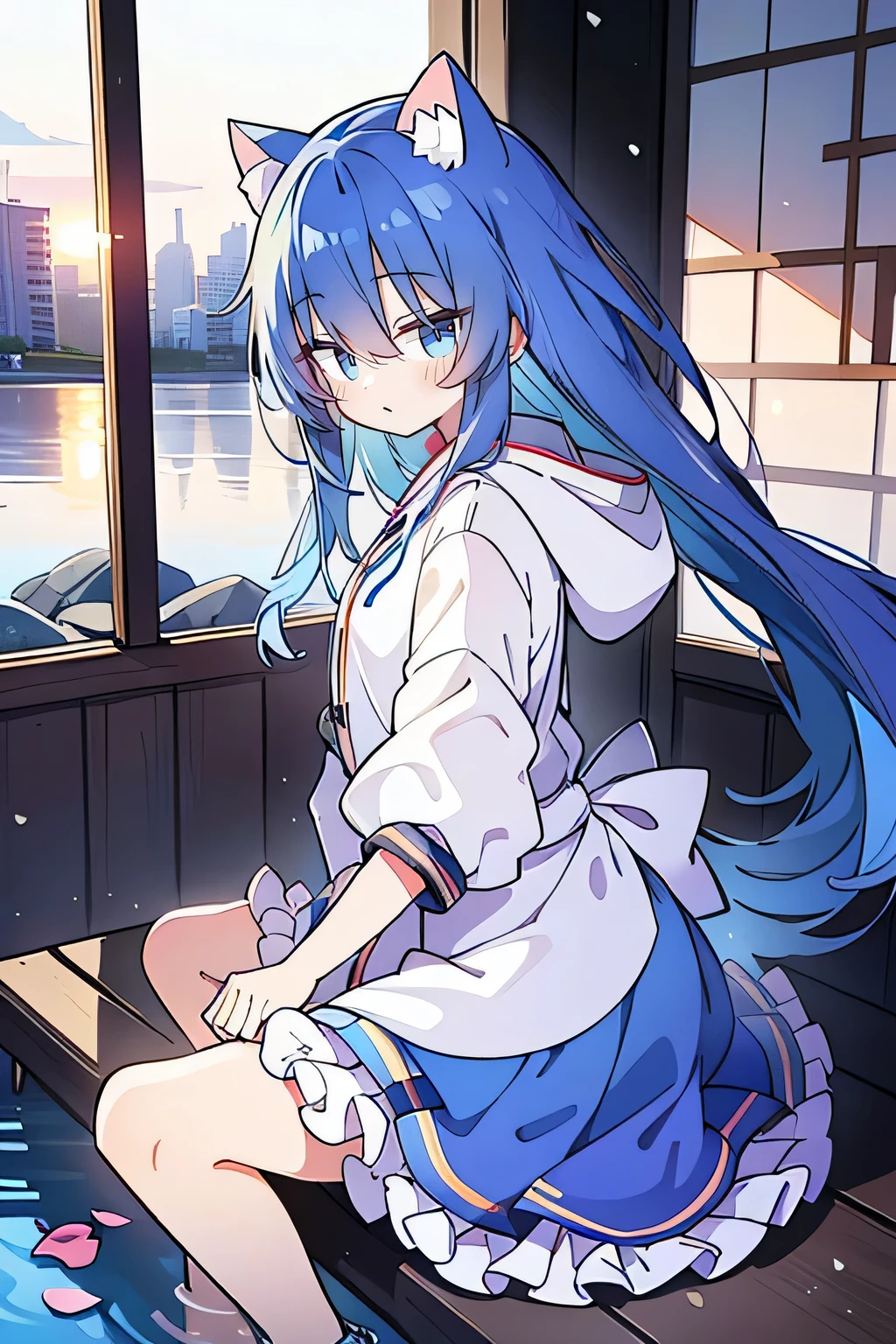 (masterpiece:1.2),Super detailed,lifelike,Expressive eyes,fair skin,perfect face shape,1 girl,
Japanese comics,Gorgeous blue hair,flowing blue hair,flowing clothes,Cat ears,Petals fall,beautiful lola,Baby Angel,sunrise,
Shaking head with one hand,Cross your legs,Gentle and peaceful background,The pavilion is cool and comfortable,smile, wearing hoodie, background of tokyo,back views,snowing, winter,seaside,wet clothes,A smile,A faint smile,。