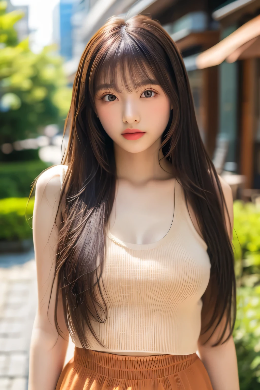 High quality, best quality, 4k, 8k, photorealisticA 20-year-old Japanese woman is standing outdoors in a bright, sunny spot. She has long, straight hair and beautiful, sparkling black irises. She is wearing a light beige wire mesh sweater and red shorts. Her hands are clasped together in a gentle, natural pose. The background is blurred, but some greenery and buildings are visible, giving the impression of being in a well-maintained urban area.