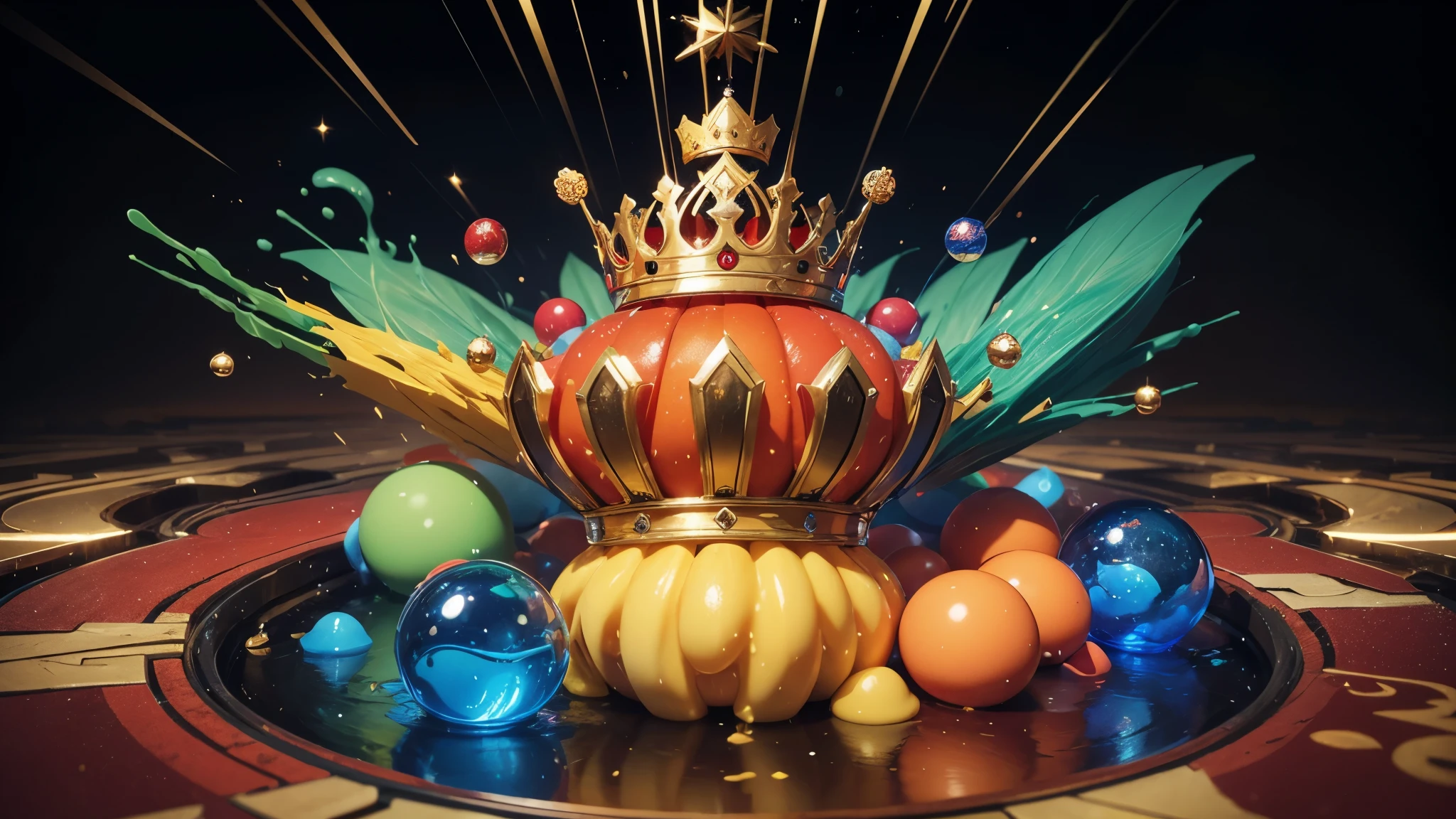 a stylized graphic with the name 'WILL GAMEPLAY' in bold, 3D lettering, adorned with a crown on top and surrounded by a dynamic splash of colorful liquid and spherical shapes, with jewels embedded in the letters and crown