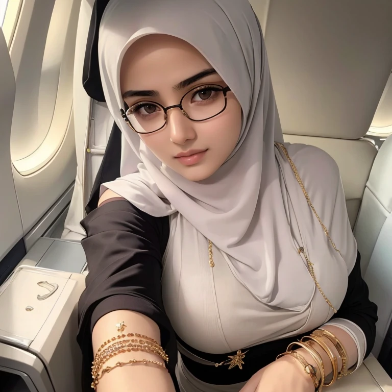 A beautiful high school glasses Arabian 17 years old girl model, white skin, sharp nose, thin lips, circle face, tight bra, huge breast, off shoulder, wear hijab, golden bangles, bracelets, necklaces, swiss polo watch, on the plane, tight seatbelt, detailed squinting eyes, detailed horny face