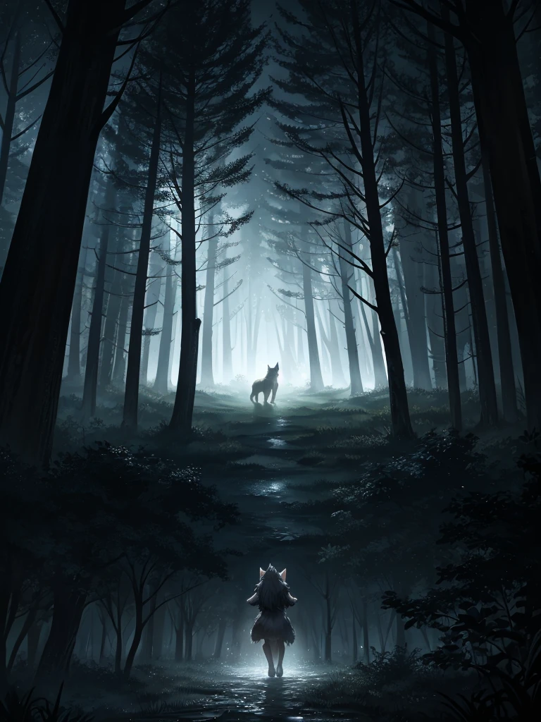 Hallucination, daydream , Fear , Fantastic , bokeh , hairy fur , haunted foggy forest , female wolf , heavy rain , dripping wet , Attacking sheep that have wandered into the forest