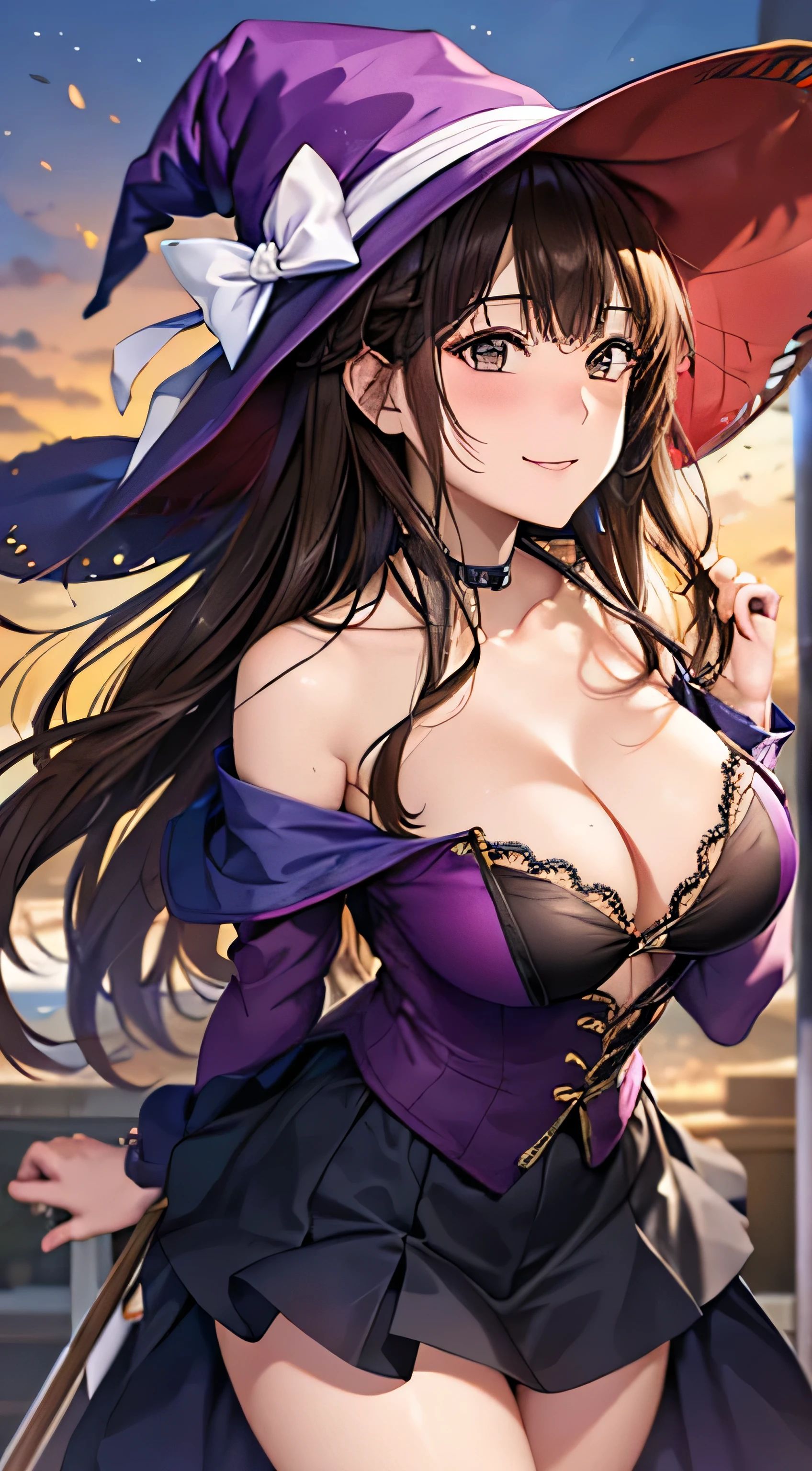 ((Tabletop, highest quality, High resolution, , Pixel Perfect, 4K, ))), Beautiful woman,, alone, beauty、The whole body is visible、 (((Sexy Witch Cosplay), Long dark blonde wavy hair、Off-the-shoulder jacket,　Dark blue flared skirt、Witch Hat、Mid-wave hair, bangs, Brown Hair)), ((Brown eyes, Beautiful eyelashes, Realistic eyes)), ((Detailed face, Blushing:1.2)), ((Smooth texture:0.75, Realistic texture:0.65, Realistic:1.1, Anime CG Style)), Center of chest, Dynamic Angle, Perfect body, ((,)), Leaning forward、Make cleavage with both arms、、Very embarrassing panic smile, 、Castle town square、(The wind flipped up her skirt, 、、、、)、Angle from below