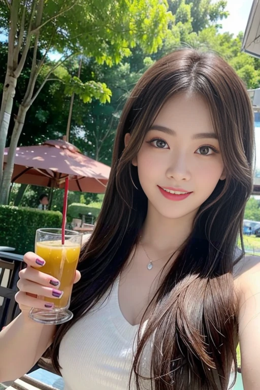 in 8K、high-level image quality、hightquality、hight resolution、femele、big eye、Super Detail Eyes、Hair in super detail、bokeh feeling、Natural makeup、summer、A smile、ssmile、bacchus、In drinking、Delicious food、Snacks、large full breasts、red-lips、Little red cheeks、1 persons、Beautiful nails、nature backdrop、valley、bacchus