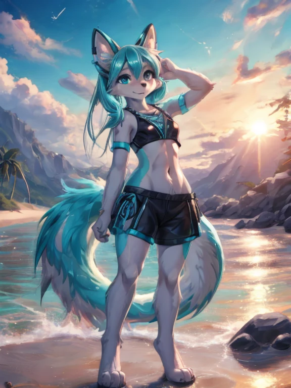 Miku Hatsune antropomorfica, hocico de zorra, furry art, ojos azul intenso, recostada sobre su lado izquierdo, pose medio lateral, descalza, patas bien definidas, beach landscape al atardecer