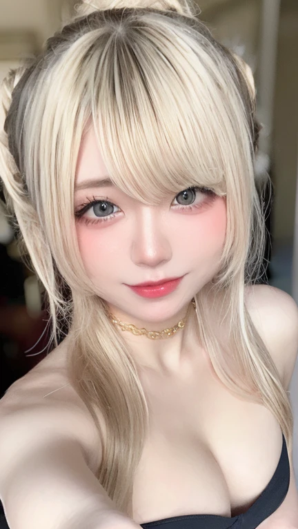 pretty girl, (ash blonde hair), ((very bun hair)), perfect face, innocent smile, Upper body,(Cerulean Eyes), (that), (), (thin), ((flat chest)), ((16 only)), skin dents, extreme details, attractive oval face, red lips, pink, Glossy skin, thin hair, face focus, close up of chest, luxurious hair ornament, gold earrings, ((1 girl)), embarrassed look,