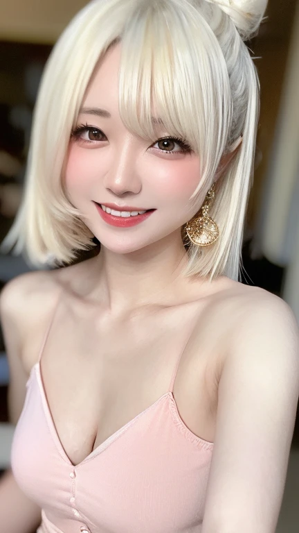 pretty girl, (ash blonde hair), ((very bun hair)), perfect face, innocent smile, Upper body,(Cerulean Eyes), (that), (), (thin), ((flat chest)), ((16 only)), skin dents, extreme details, attractive oval face, red lips, pink, Glossy skin, thin hair, face focus, close up of chest, luxurious hair ornament, gold earrings, ((1 girl)), embarrassed look,