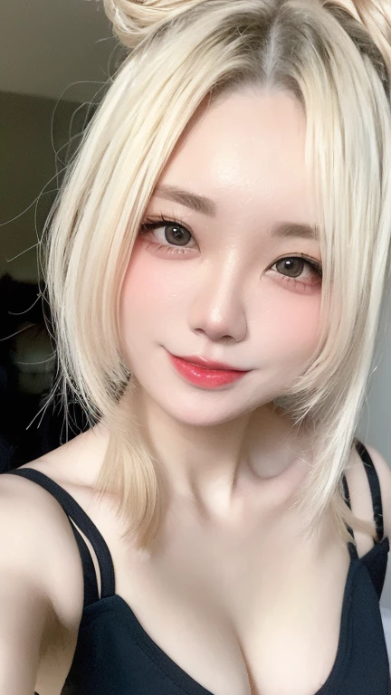 pretty girl, (ash blonde hair), ((very bun hair)), perfect face, innocent smile, Upper body,(Cerulean Eyes), (that), (), (thin), ((flat chest)), ((16 only)), skin dents, extreme details, attractive oval face, red lips, pink, Glossy skin, thin hair, face focus, close up of chest, luxurious hair ornament, gold earrings, ((1 girl)), embarrassed look,