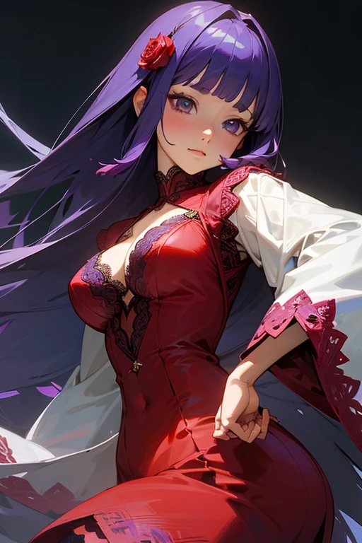 Face close-up、1 girl, Blunt bangs, Wide sleeves, hair ornaments,Red and navy lace、(Purple Hair:1.2), Very long hair, Straight hair, Looking at the audience, Highly detailed background, (Realistic:1.2), Beautiful Eyes, Red eyeshadow, Written boundary depth,thigh, (Ulzzang-6500:0.7), Upper Body, (alone:1.2), Cleavage, Shiny skin、Hair blowing in the wind、Four fingers, One thumb、Rose、Floral pattern on clothes、drink alcohol、Please put your hands on your hips、Face close-up、close、Stick your butt out、Laugh gently、
