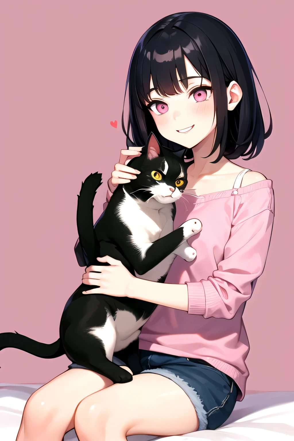 A girl with short messy black hair and pink eyes, wearing casual clothes, is holding a cat and stroking its head with a smiling facial expression.