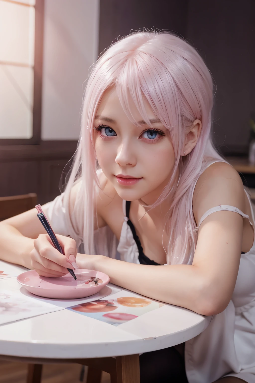 Be a girl with a pink complexion, beautiful eyes (red eyes) and deep as the night sky, half sad face lying on the table, white hair, looking at you, with an anime/semi-realistic style of art