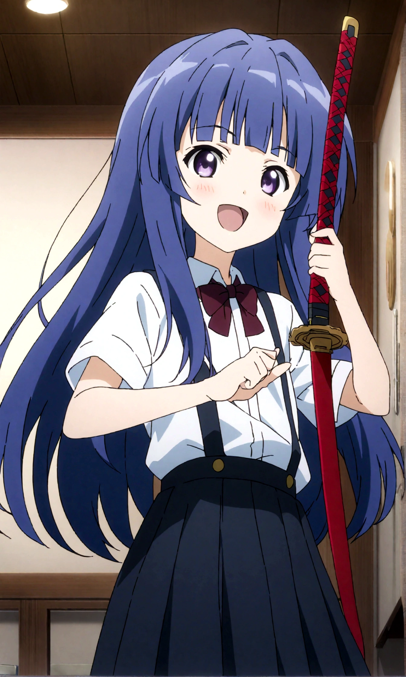 score_9,score_8, score_8_up, BREAK facing viewer,1girl, solo, furude rika, (tween), kawaii, blue hair, purple eyes, long hair, blunt bangs, bangs,, bow, skirt, shirt, suspenders, smile, short sleeves, pleated skirt, white shirt, open mouth, :d, red bow, ,^_^, suspender skirt, , black skirt, collared shirt, blush, bowtie, blunt bangs, dress shirt,masterpiece, best quality, source_anime,ceiling, ceiling light, great lighting, detailed shadows, detailed body, anime artwork,anime style, key visual, vibrant, studio anime, highly detailed, anime coloring,,mediumshot,,weapon, katana, holding sword, ready to draw, sheathed, unsheathing, scabbard,,simple background, white background.