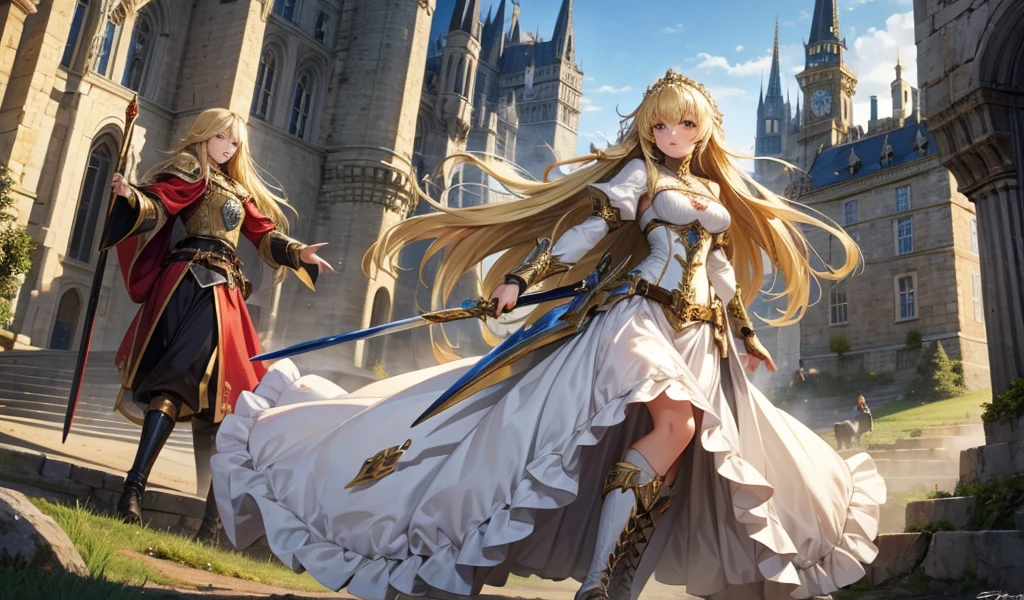 Blonde long hair woman dress long skirt cleavage,Hand guard,,boots,Great sword,medieval european castle