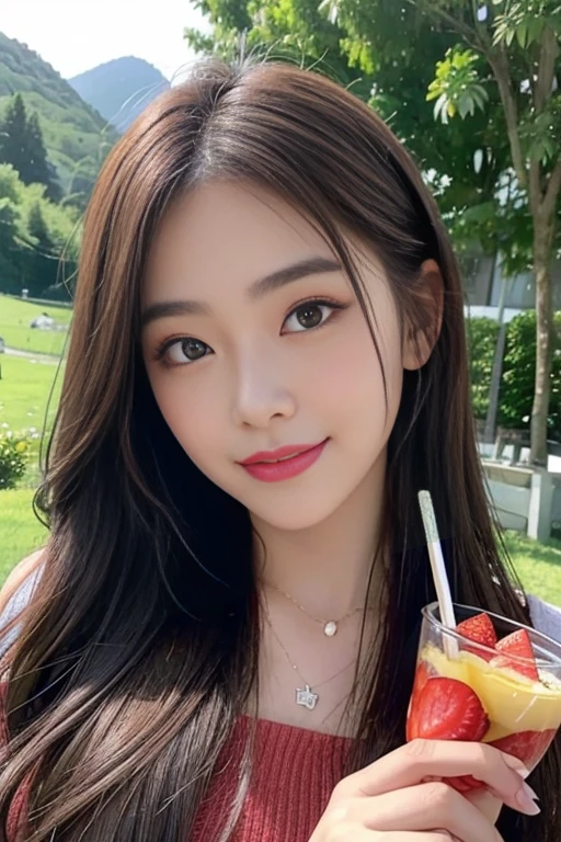 in 8K、high-level image quality、hightquality、hight resolution、femele、big eye、Super Detail Eyes、Hair in super detail、bokeh feeling、Natural makeup、summer、A smile、ssmile、bacchus、In drinking、Delicious food、Snacks、large full breasts、red-lips、Little red cheeks、1 persons、Beautiful nails、nature backdrop、valley、bacchus