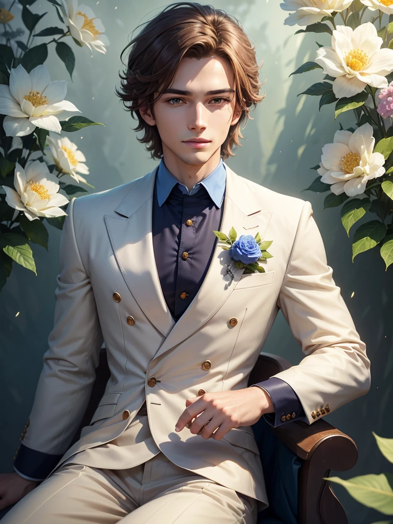 Humanization of April, a noble young man, handsome, blooming, brown hair, huge emerald eyes full of kindness and happiness, in a blue suit and white shirt, colors of shadows and light, range of colors, expressive careful detailed drawing, hyper-detailed, delicate natural shades, glitter, natural blooming background, beauty, good angle, double exposure, depth, sharpness, captivating haze