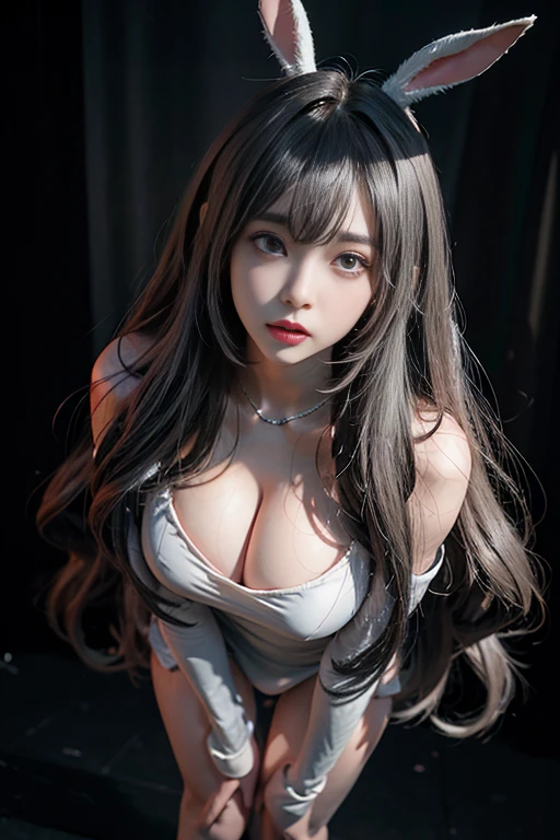 Volumetric lighting、Highly detailed face、One girl、(Bunny Girl Cosplay)、Exposed thighs、Exposed buttocks、、、dark、Deep Shadow、Low Key、Hair length、Gray Hair、