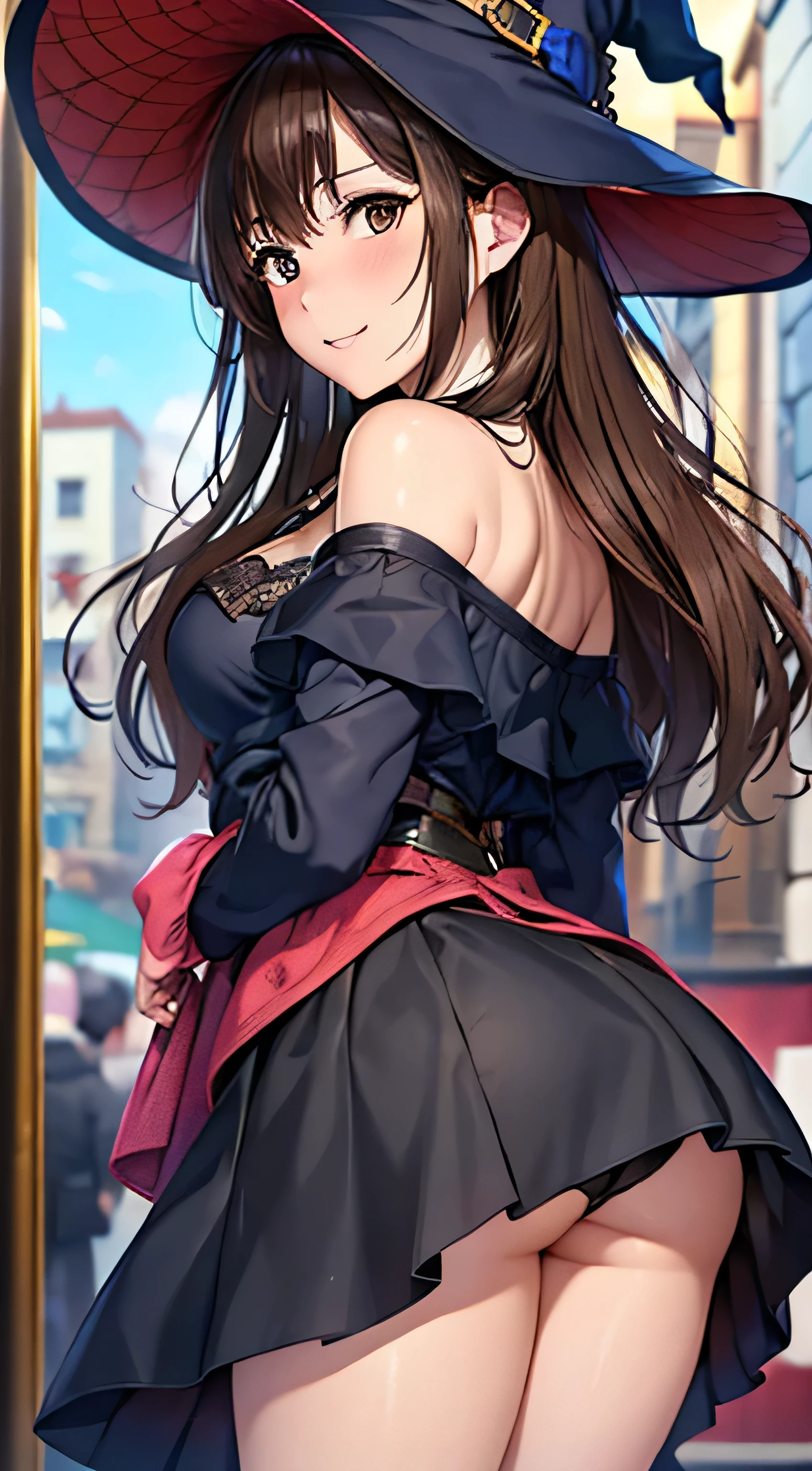((Tabletop, highest quality, High resolution, , Pixel Perfect, 4K, ))), Beautiful woman,, alone, beauty、The whole body is visible、 (((Sexy Witch Cosplay), Long dark blonde wavy hair、Off-the-shoulder jacket, Dark blue flared skirt、Witch Hat、Mid-wave hair, bangs, Brown Hair)), ((Brown eyes, Beautiful eyelashes, Realistic eyes)), ((Detailed face, Blushing:1.2)), ((Smooth texture:0.75, Realistic texture:0.65, Realistic:1.1, Anime CG Style)), Center of chest, Dynamic Angle, Perfect body, ((,)), Leaning forward、、、Very embarrassing panic smile, 、Castle town square、(The wind flipped up her skirt, Pink lace panties are fully visible、look back、Stick your butt out、、、)、Angle from below