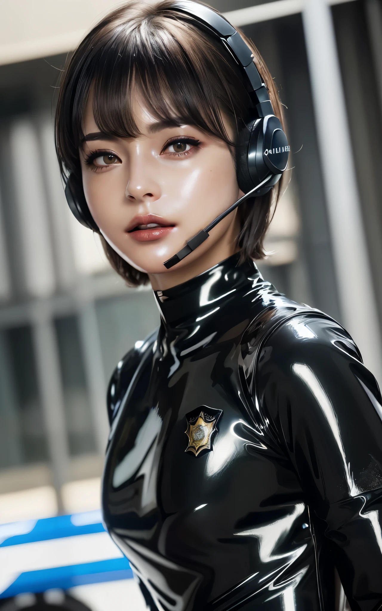 dressed, (photo realistic:1.4), (hyper realistic:1.4), (realistic:1.3), (smoother lighting:1.05), (Improve the quality of cinematic lighting:0.9), 32k, 1girl:1.2,  girl, realistic lighting, Backlight, light shines on your face, ray tracing, (bright light:1.2), anatomically correct proportions, (Improvement of quality:1.4), (Highest quality realistic textured skin:1.4), (detailed eyes), (black eye), detailed face, high quality eyes, (Tired, sleepy and satisfied:0.0), (((close up of face))), ((wblack latex tube dress likes police uniform, wearing high-tech headset:1.15)), japanese girl, (Enhance the mood of your body line:1.1), (Enhances the beauty of skin texture:1.1), (light makeup:1.5]], eyeliner), hair dancing in the wind, brown hair, chignon hair, ((bright dark short (bangs swept to the side), very detailed)),