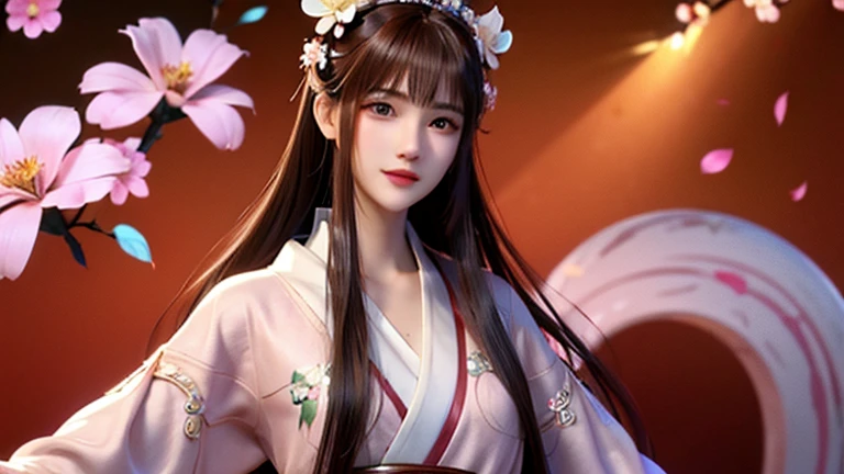 Reddish brown hair、Straight Hair、Beauty、Well-proportioned face、The nose is high、Thin lips、smile、Mature atmosphere、Tall models、Age is in the early 30s、Pink floral kimono、White flower hair ornament on the side、Background mainly featuring autumn leaves