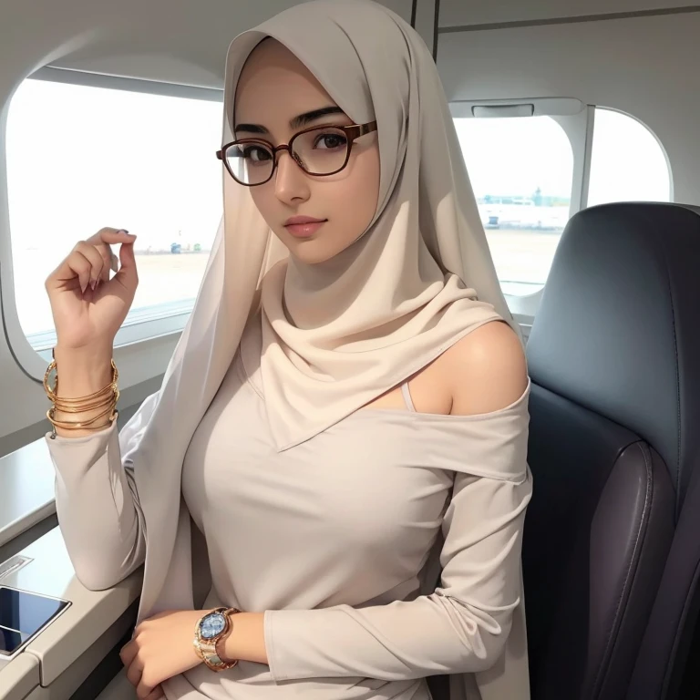 A beautiful high school glasses Arabian 17 years old girl model, white skin, sharp nose, thin lips, circle face, skinny hands, tight bra, huge breast, off shoulder, wear hijab, golden bangles, bracelets, necklaces, swiss polo watch, on the plane, tight seatbelt, detailed squinting eyes, detailed horny face
