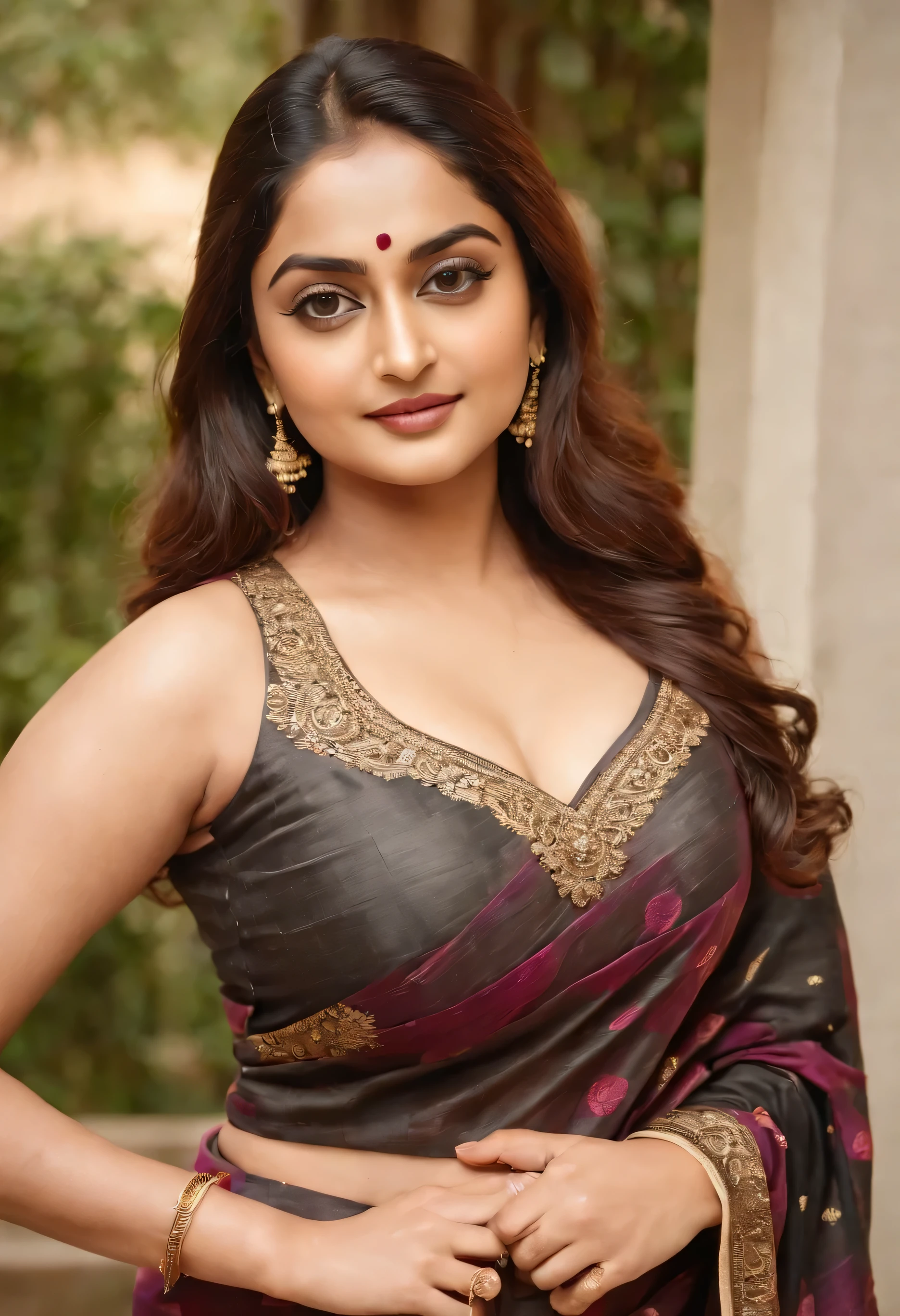 ((best quality)), ((masterpiece)), (detailed), Beautiful indian woman, kanivaram silk saree, modest clothing but curvy, curvy, big butt, medium boobs, hazel eyes, jet black hair, olive skin tone, very minimal ornaments, smiling face, posing gracefully, posing sexy, front facing, small nose, diamond shaped face, positive canthal tilt, (perfect hands), (((ultra realistic))), (((Namitha Pramod face)))