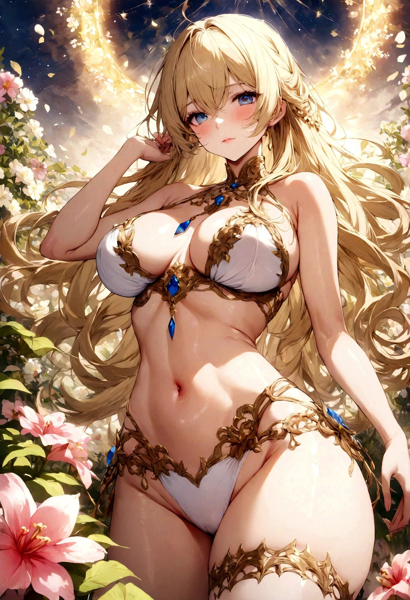 high quality, super sexy floral bikini,large breasts, blonde super model,in the heavenly flower garden.
