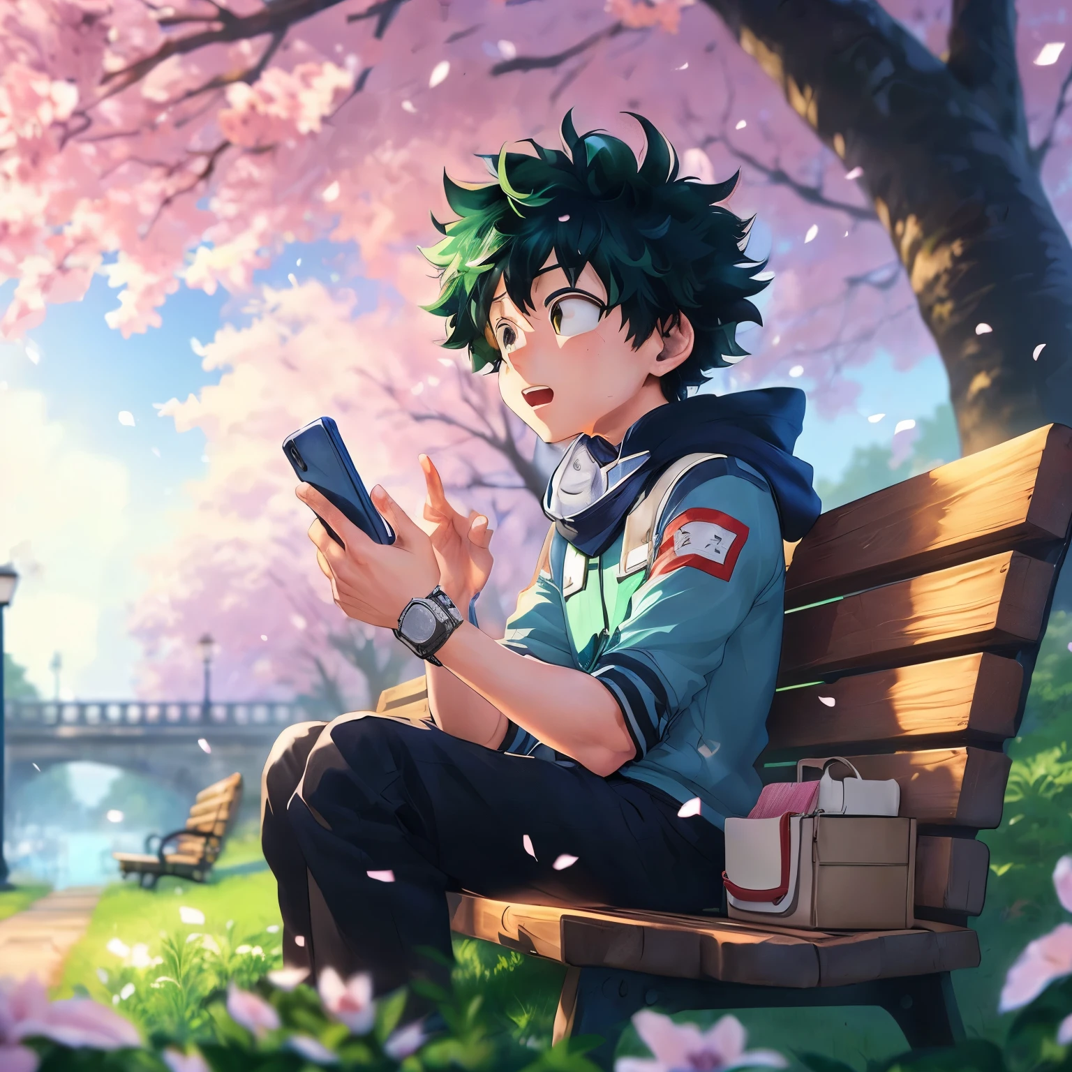 anime boy assis sur un banc en regardant son téléphone portable, Izuku Midoriya, fond d&#39;animated screen, fond d&#39;animated screen 4k, fond d&#39;animated screen 4k, art animé tendancework, art animé tendance, oeuvre d&#39;art tendance anime, style artistique anime de haute qualité, fond d&#39;animated screen 4k, fond d&#39;screen&#39;4K animated art, High quality fanart, Fond d&#39;Screen manga 4K, Fond d&#39;animated screen 4k