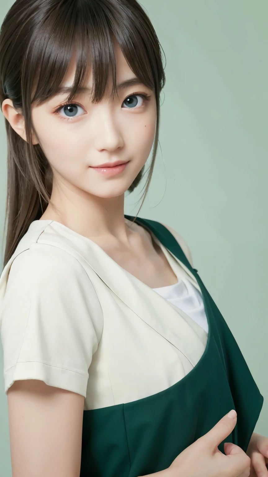 masterpiece,highest quality,1 Girl,delicでed face, bangs, just_arm, just_shoulder, green_eye, clavicle, (high resolution:1.48)、(Tight uniform:1.48)