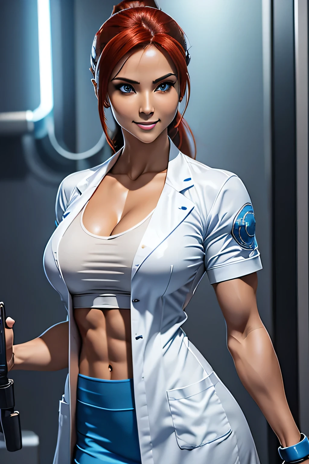 Aqua Blue Eyes:1.6,Arabian woman wearing a lab coat taking a photo, Red Hair、Slender legs、Chun-Li in a lab coat, lara croft, Muscular girl, Photorealistic perfect body, Science fiction, Perfect body with realistic shading,Muscular body, sexy muscular upper body, Ponytail、Biomechanical 、smile