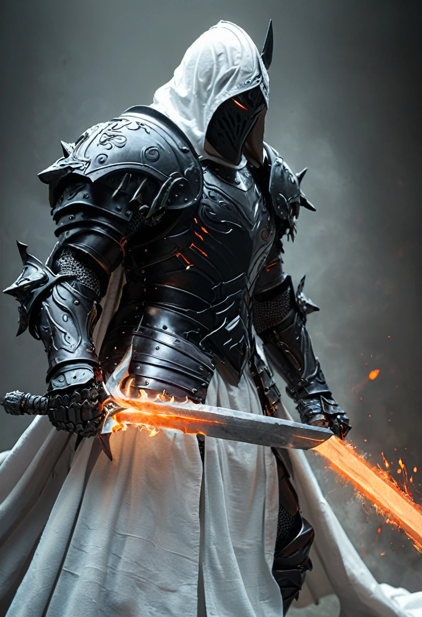 caballero berserker con armadura de batalla semi futurista, dynamic action pose, Desenfoque de movimiento, hkestilo, la armadura es de color negro y blanco, muy detallada, los ojos son de fuego negro y blanco,  alrededor de la armadura emana un fuego espectral de color negro y blanco, Over the armor he wears a long hooded tunic, la armadura es una escala gigante, la espalda tiene pedazos de la armadura que levitan, tiene una espada que es de fuego negro y blanco, aura misteriosa y espectral, 