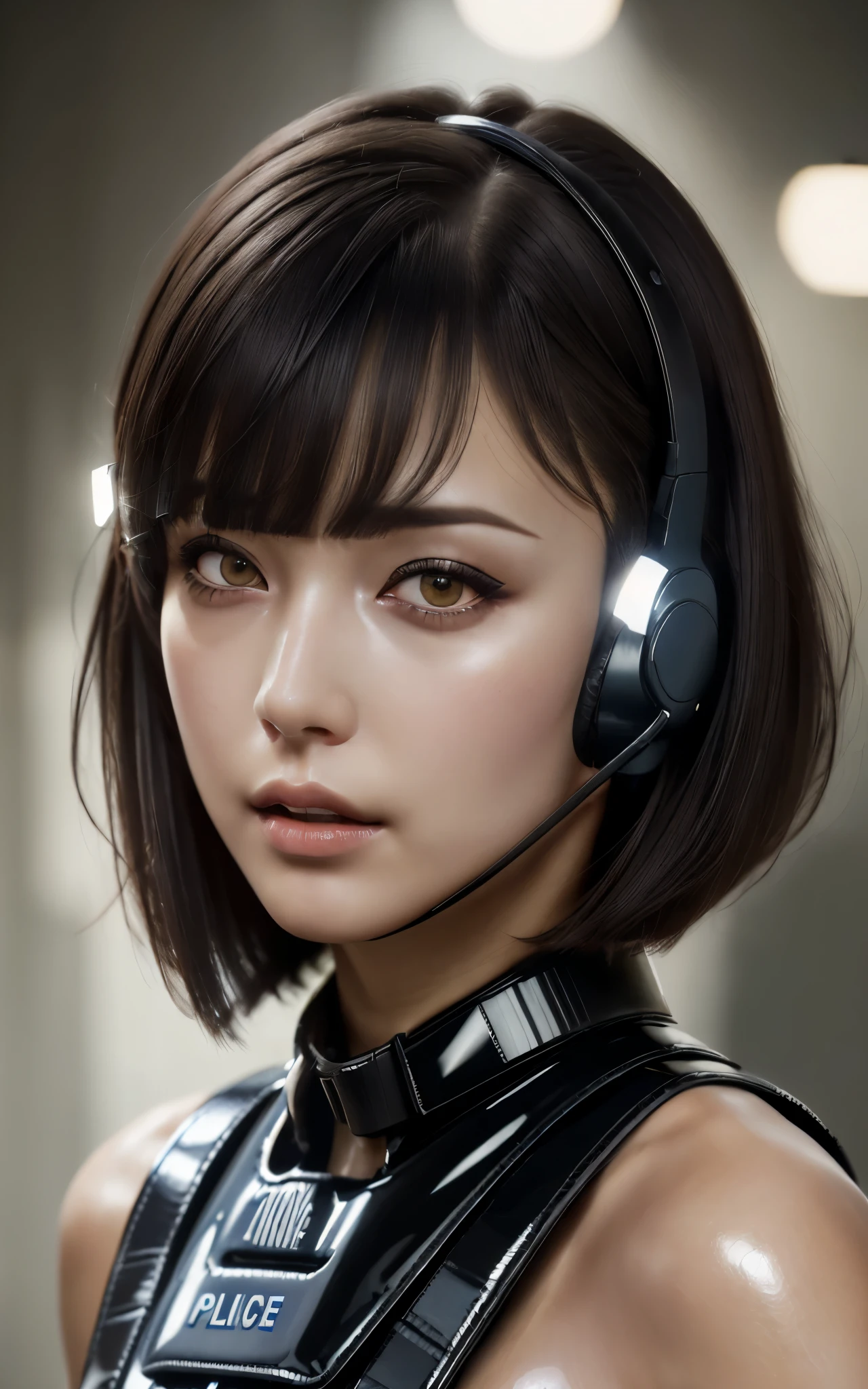 dressed, (photo realistic:1.4), (hyper realistic:1.4), (realistic:1.3), (smoother lighting:1.05), (Improve the quality of cinematic lighting:0.9), 32k, 1girl:1.2, 17 year old girl, realistic lighting, Backlight, light shines on your face, ray tracing, (bright light:1.2), anatomically correct proportions, (Improvement of quality:1.4), (Highest quality realistic textured skin:1.4), (detailed eyes), (black eye), detailed face, high quality eyes, (Tired, sleepy and satisfied:0.0), (((close up of face))), ((wblack latex tube dress likes police uniform, wearing high-tech headset, military harness:1.15)), japanese girl, (Enhance the mood of your body line:1.1), (Enhances the beauty of skin texture:1.1), (light makeup:1.5]], eyeliner), hair dancing in the wind, brown hair, chignon hair, ((bright dark short (bangs swept to the side), very detailed)),